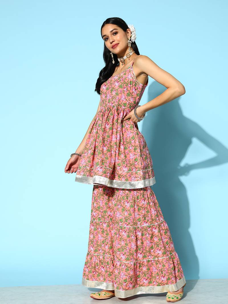 Women's Floral Printed Cotton Kurta Sharara with Dupatta