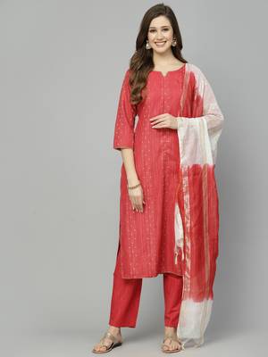 Women's Woven Design Cotton Blend Straight Kurta Pant Dupatta Set 1