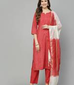 Women's Woven Design Cotton Blend Straight Kurta Pant Dupatta Set