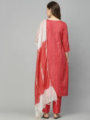 Women's Woven Design Cotton Blend Straight Kurta Pant Dupatta Set 2