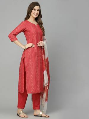 Women's Woven Design Cotton Blend Straight Kurta Pant Dupatta Set 3