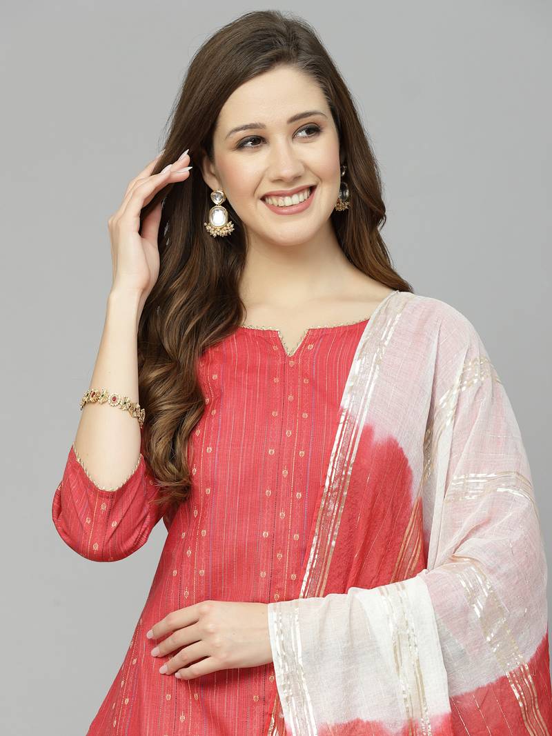 Women's Woven Design Cotton Blend Straight Kurta Pant Dupatta Set