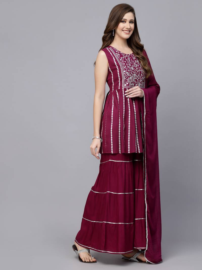 Women's Printed & Embroidered Rayon Short kurta sharara dupatta set