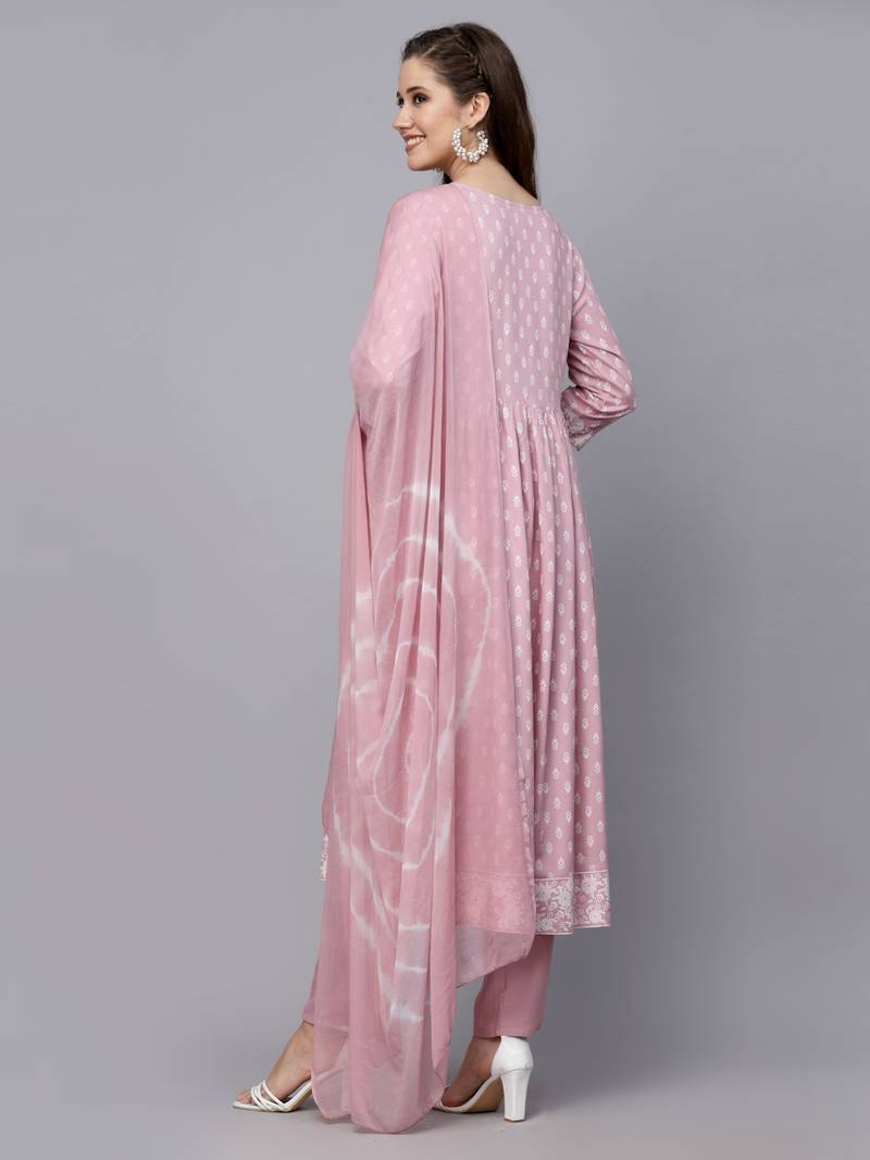 Women's Printed Rayon Naira Cut Kurta Pant Dupatta Set