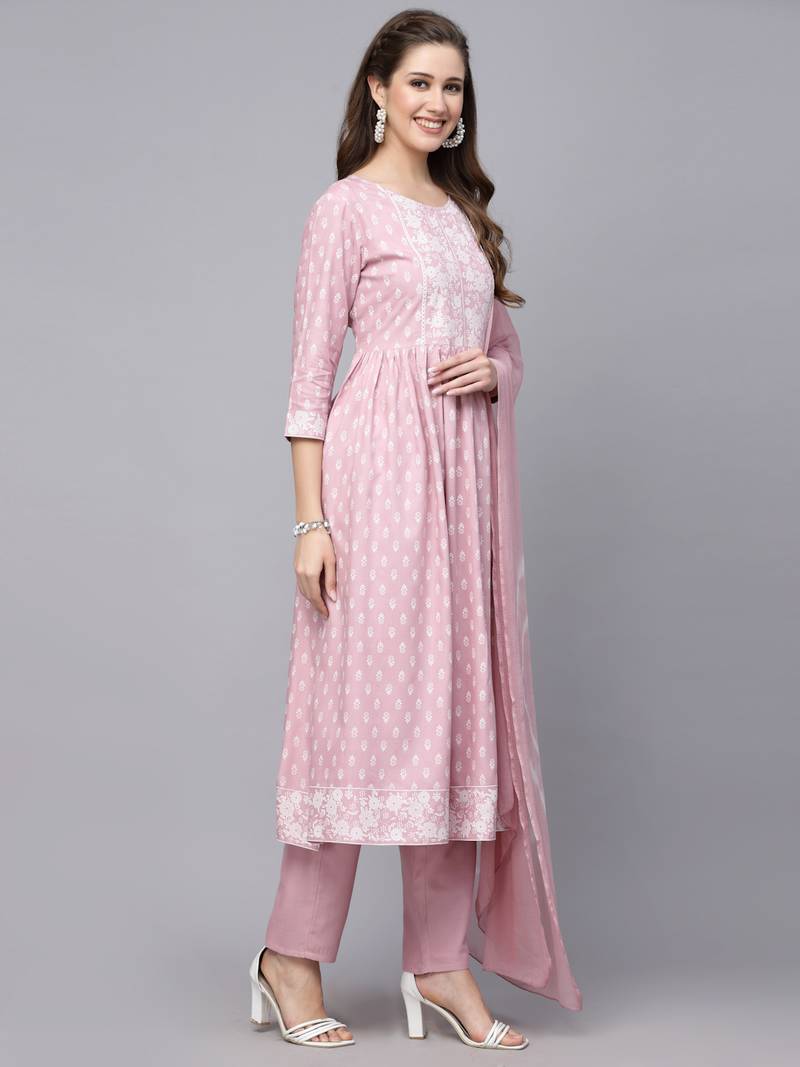 Women's Printed Rayon Naira Cut Kurta Pant Dupatta Set