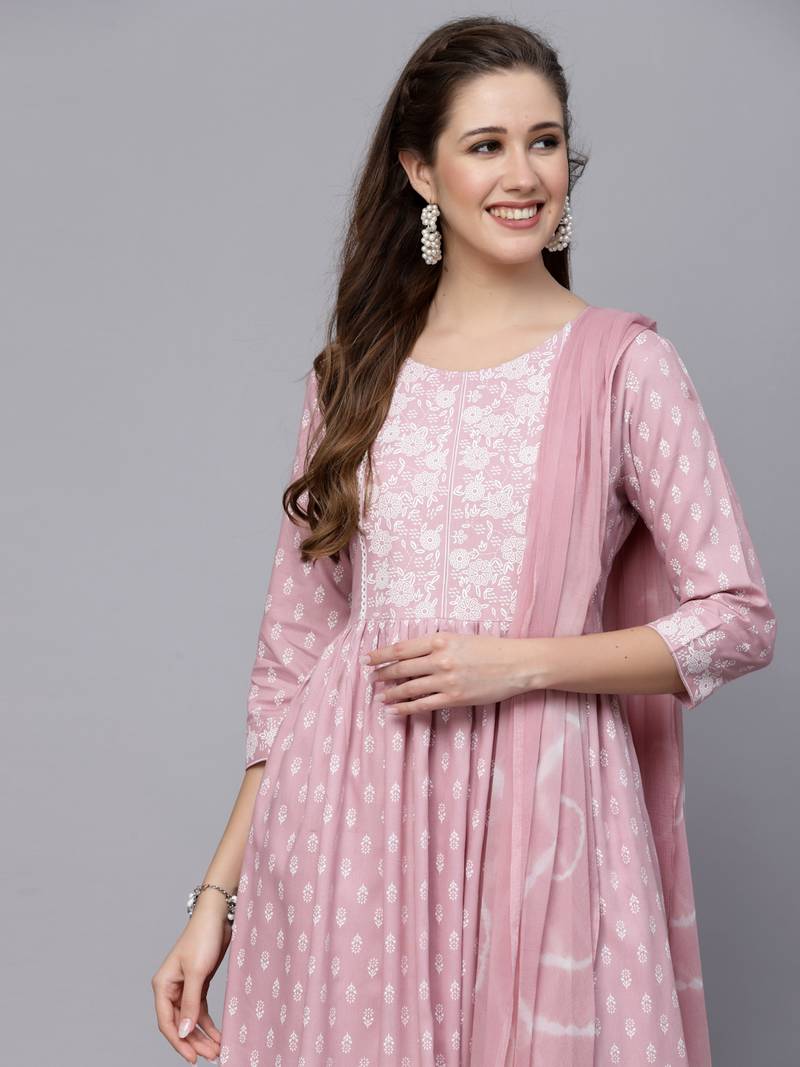 Women's Printed Rayon Naira Cut Kurta Pant Dupatta Set