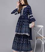 Women's Printed Rayon Short Kurta with Sharara & Dupatta