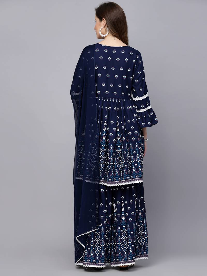 Women's Printed Rayon Short Kurta with Sharara & Dupatta