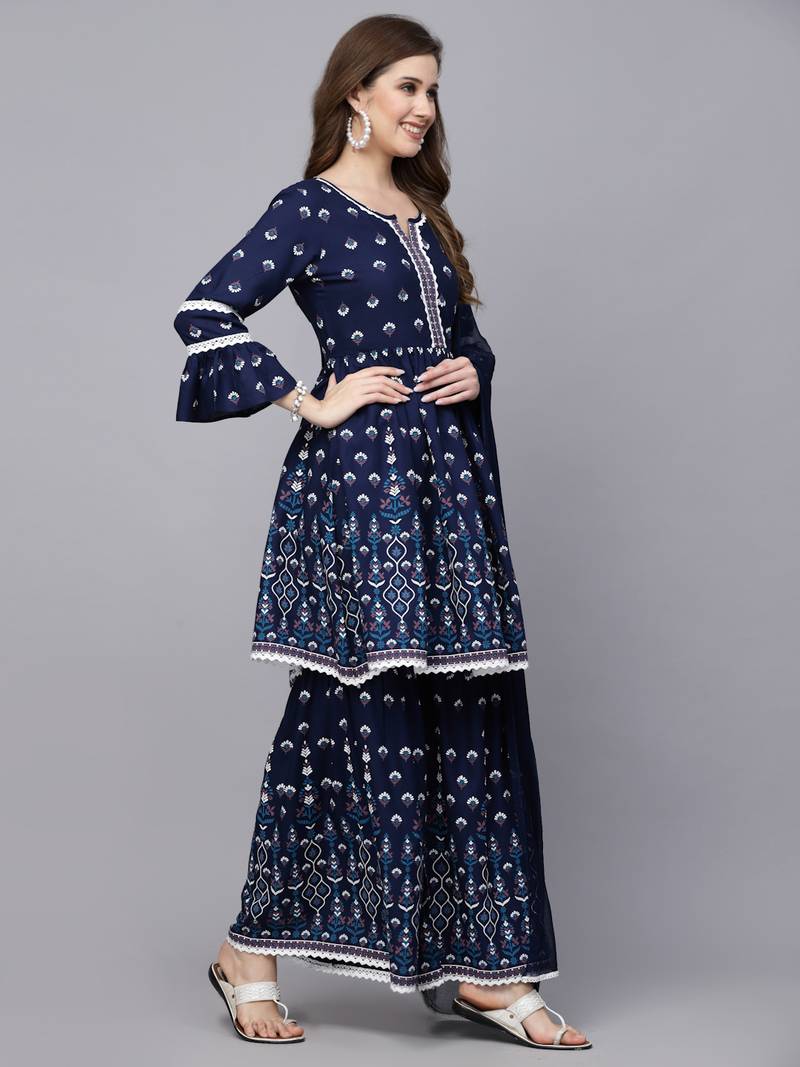 Women's Printed Rayon Short Kurta with Sharara & Dupatta