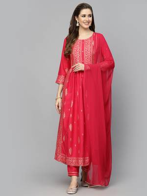 Women's Gold Printed Rayon Naira Cut Kurta Pant Dupatta Set 1