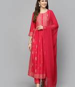 Women's Gold Printed Rayon Naira Cut Kurta Pant Dupatta Set