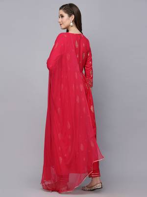 Women's Gold Printed Rayon Naira Cut Kurta Pant Dupatta Set 2