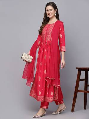 Women's Gold Printed Rayon Naira Cut Kurta Pant Dupatta Set 3