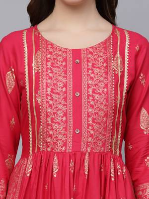 Women's Gold Printed Rayon Naira Cut Kurta Pant Dupatta Set 4