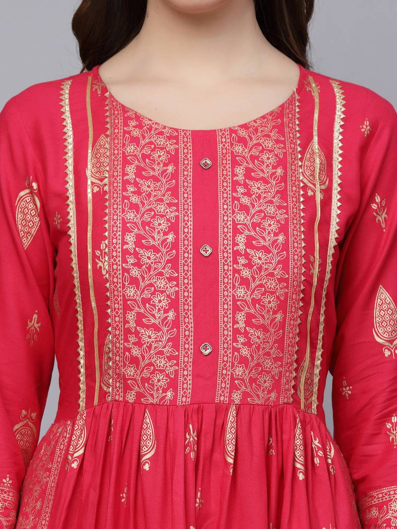 Women's Gold Printed Rayon Naira Cut Kurta Pant Dupatta Set