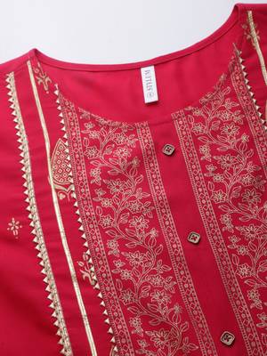 Women's Gold Printed Rayon Naira Cut Kurta Pant Dupatta Set 5
