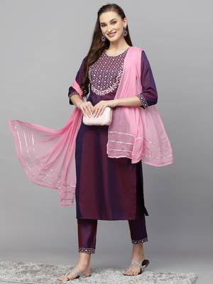 Women's Embroidered Art Silk Kurta Pant Dupatta Set 1
