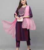 Women's Embroidered Art Silk Kurta Pant Dupatta Set
