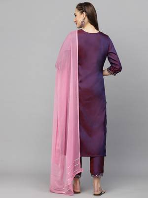 Women's Embroidered Art Silk Kurta Pant Dupatta Set 2