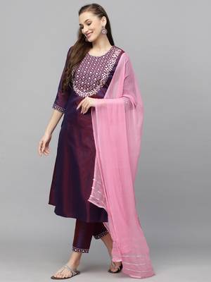 Women's Embroidered Art Silk Kurta Pant Dupatta Set 3