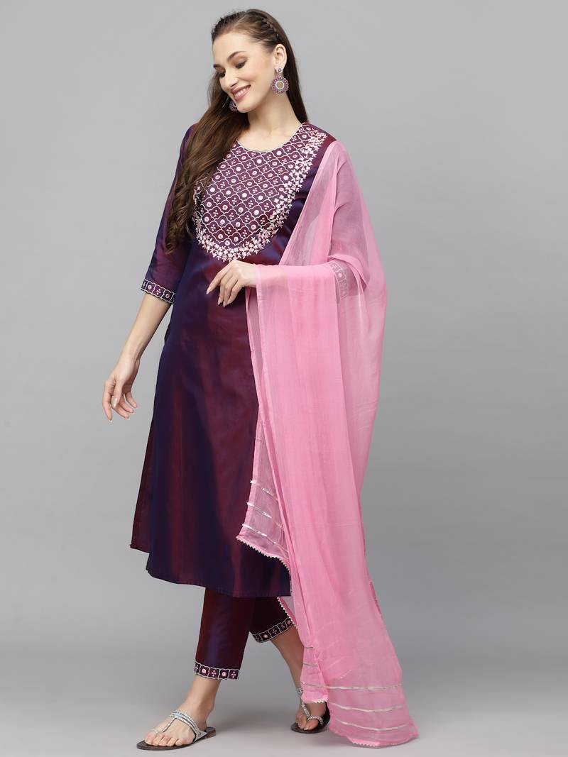 Women's Embroidered Art Silk Kurta Pant Dupatta Set