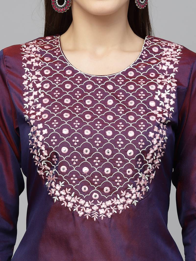 Women's Embroidered Art Silk Kurta Pant Dupatta Set