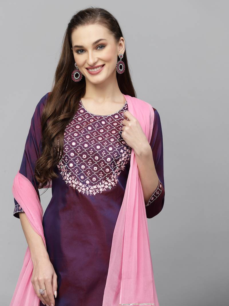 Women's Embroidered Art Silk Kurta Pant Dupatta Set