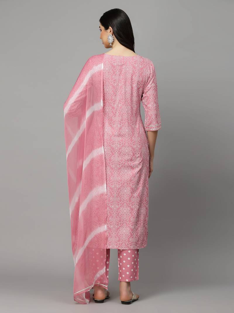 Women's Bandhej Printed Rayon Kurta Pant Dupatta Set