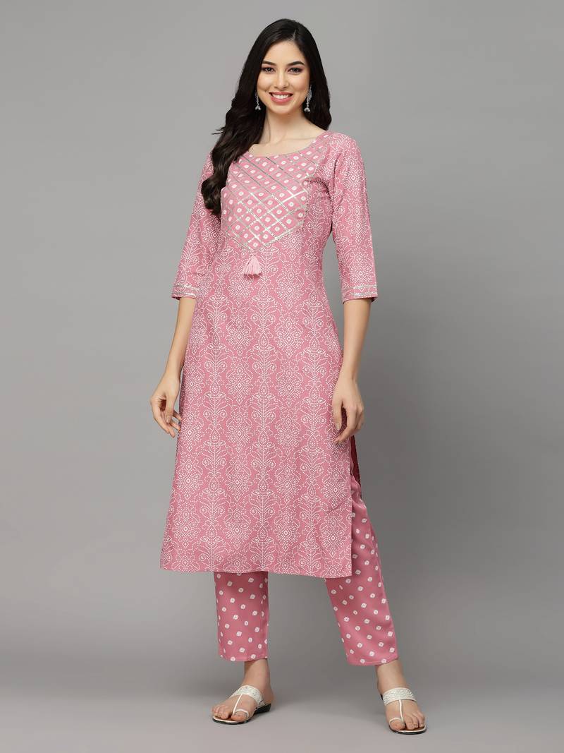 Women's Bandhej Printed Rayon Kurta Pant Dupatta Set