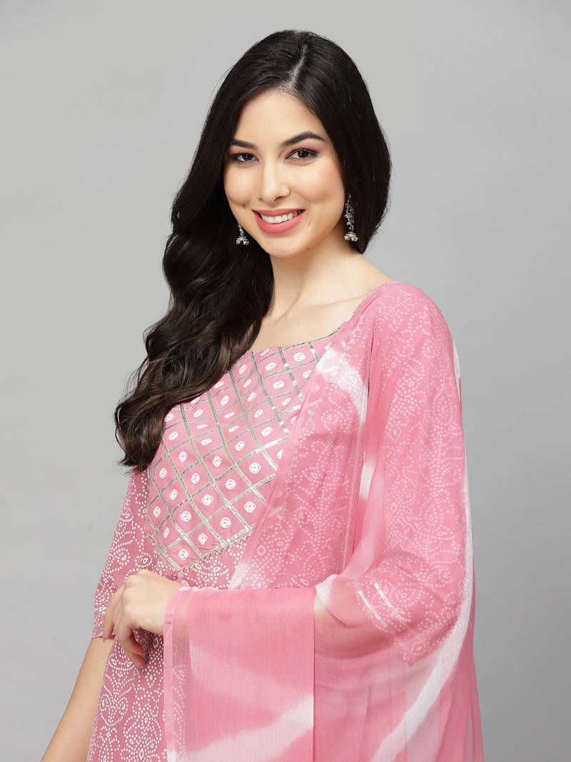 Women's Bandhej Printed Rayon Kurta Pant Dupatta Set