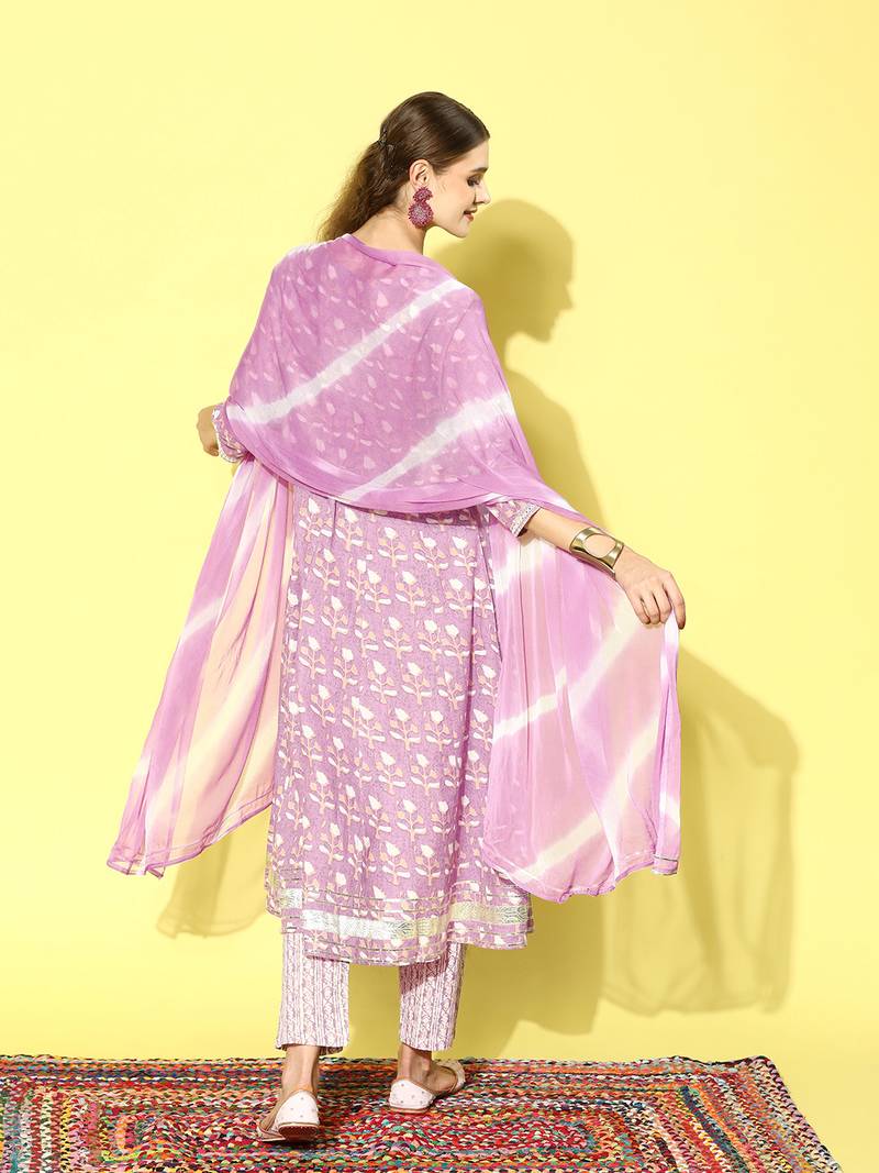 Stylum Women's Printed Cotton Anarkali Kurta Pant Dupatta Set