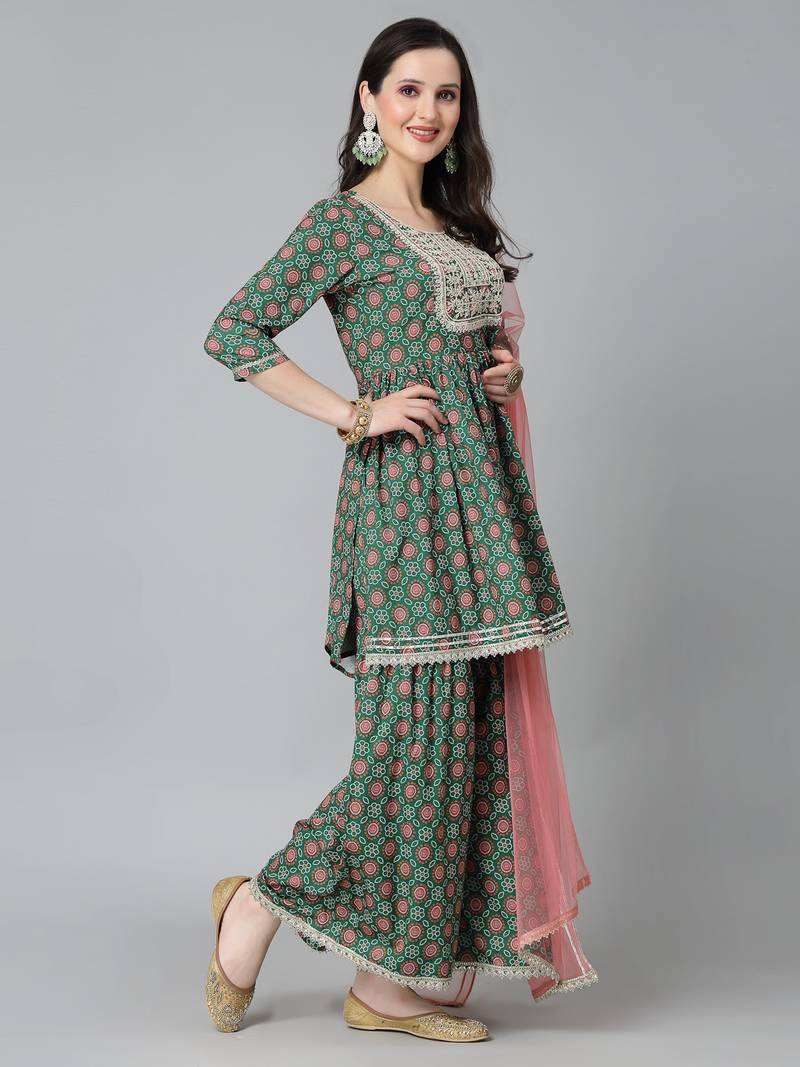 Stylum Women's Printed & Embroidered Polyestor kurta sharara dupatta set