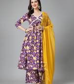 Women's Floral Printed Cotton Pleated Kurta Palazzo Dupatta Set