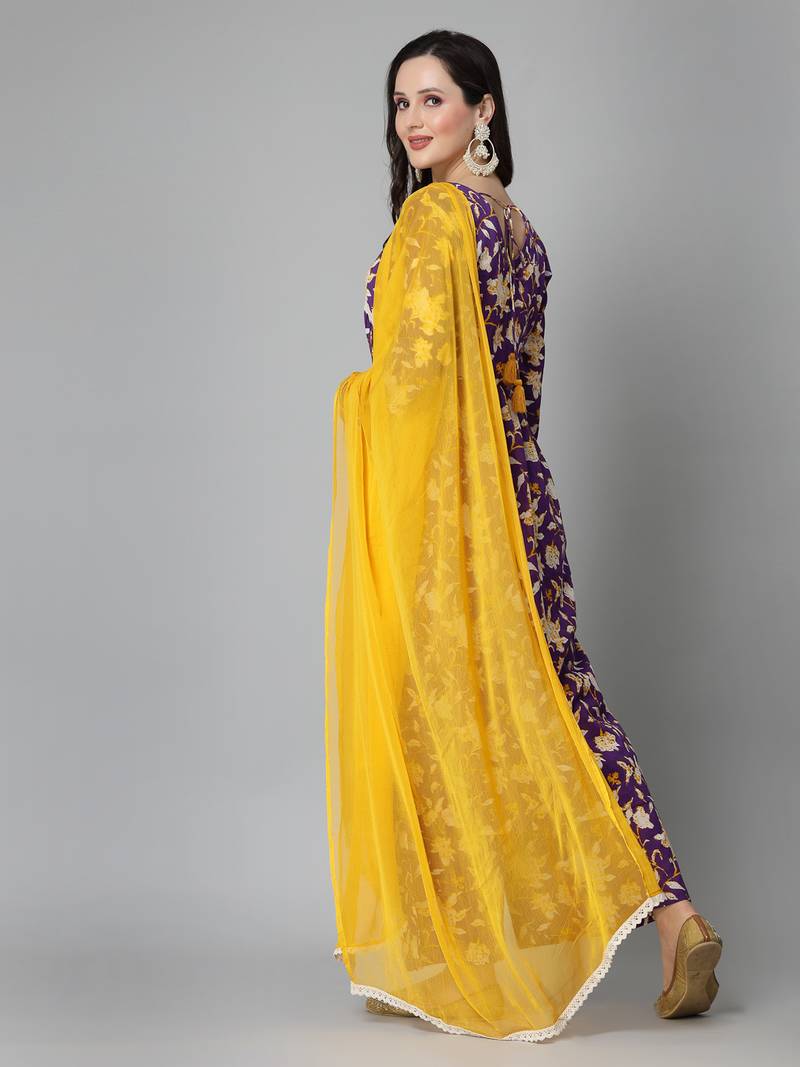 Women's Floral Printed Cotton Pleated Kurta Palazzo Dupatta Set