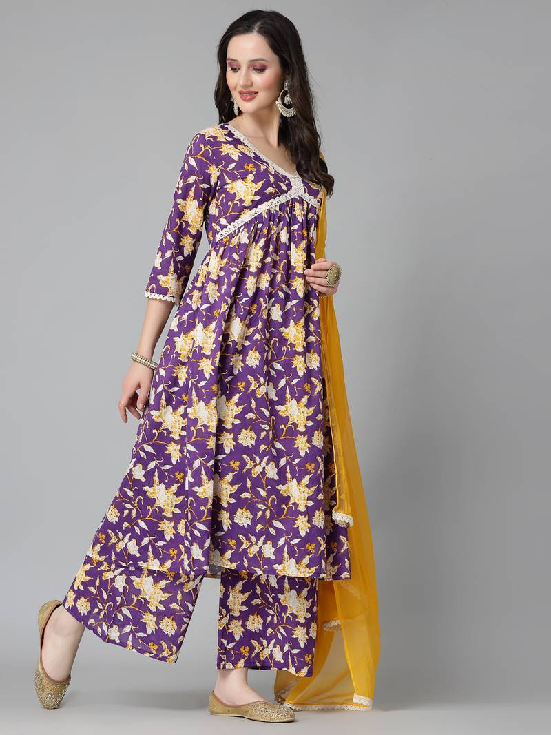 Women's Floral Printed Cotton Pleated Kurta Palazzo Dupatta Set