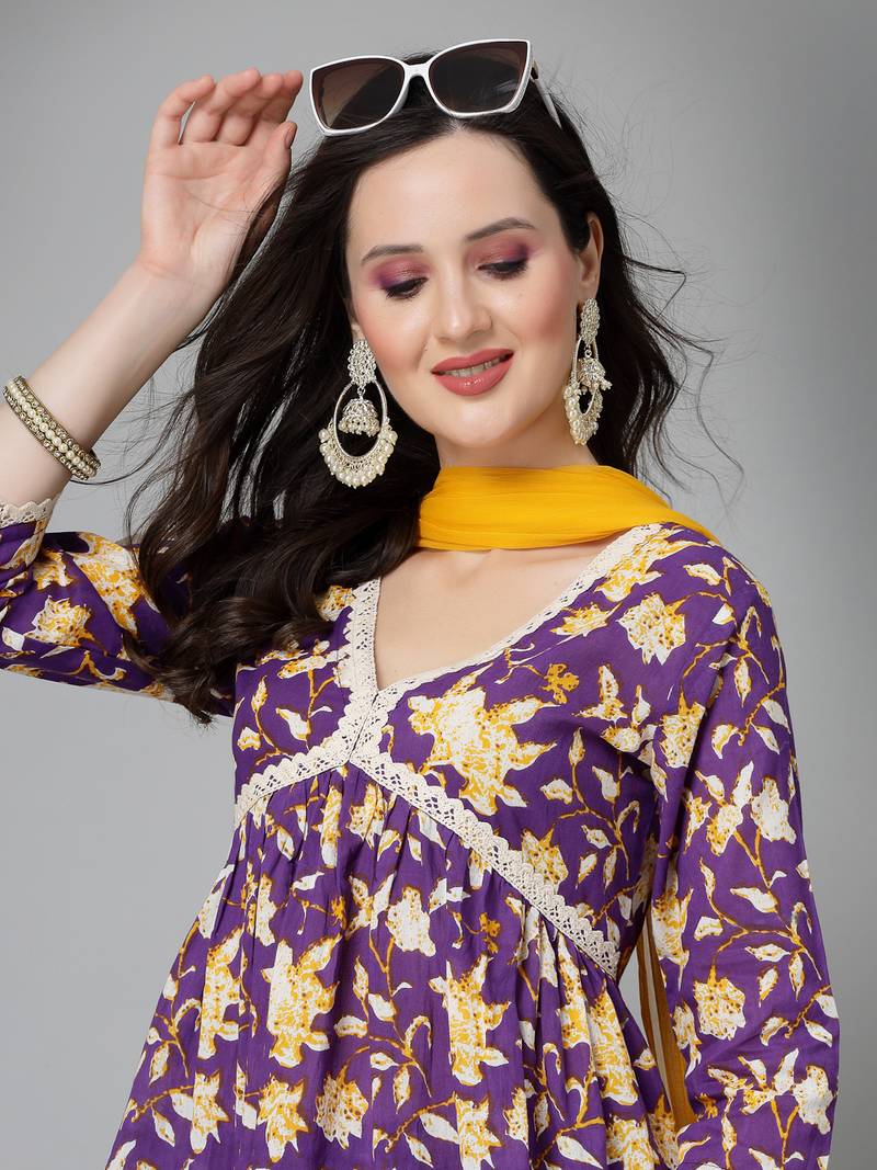 Women's Floral Printed Cotton Pleated Kurta Palazzo Dupatta Set