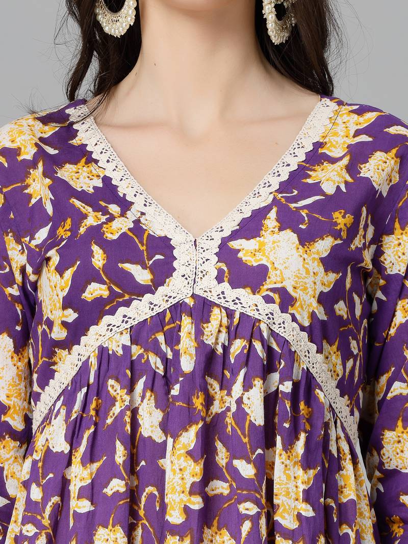 Women's Floral Printed Cotton Pleated Kurta Palazzo Dupatta Set