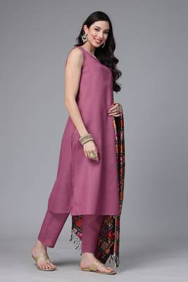 Women's Solid Cotton Blend Straight Kurta Pant Dupatta Set 3