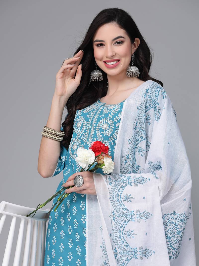 Stylum Women's Printed & Embroiderd Rayon Kurta Pant Dupatta Set