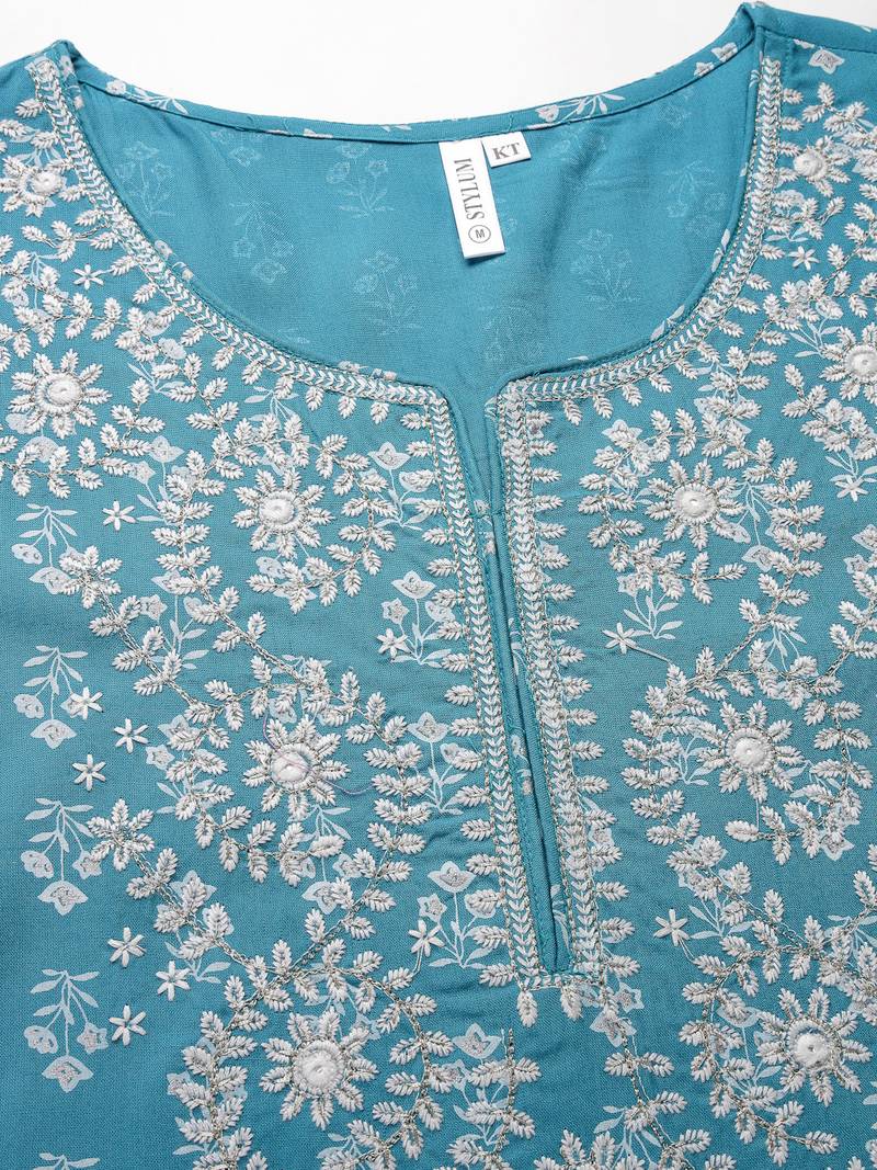 Stylum Women's Printed & Embroiderd Rayon Kurta Pant Dupatta Set