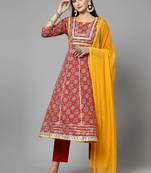 Women's Printed & Embellished Cotton Anarkali Kurta Pant Dupatta Set