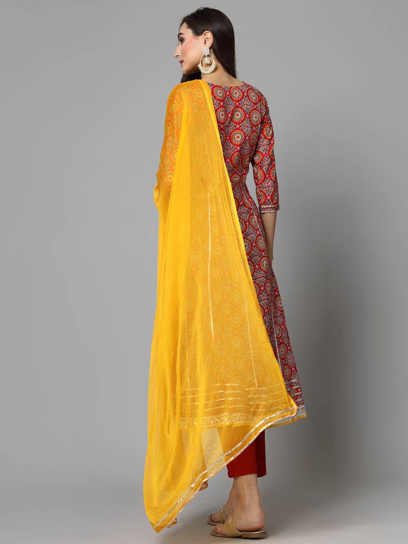 Women's Printed & Embellished Cotton Anarkali Kurta Pant Dupatta Set