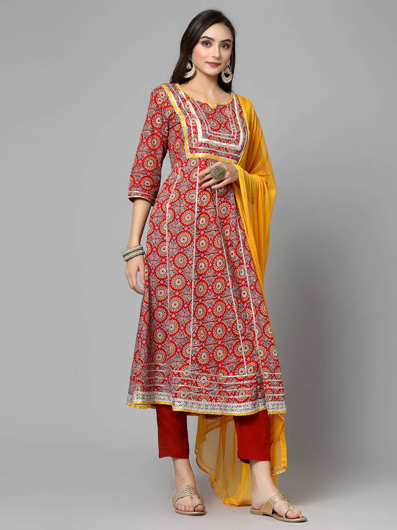Women's Printed & Embellished Cotton Anarkali Kurta Pant Dupatta Set