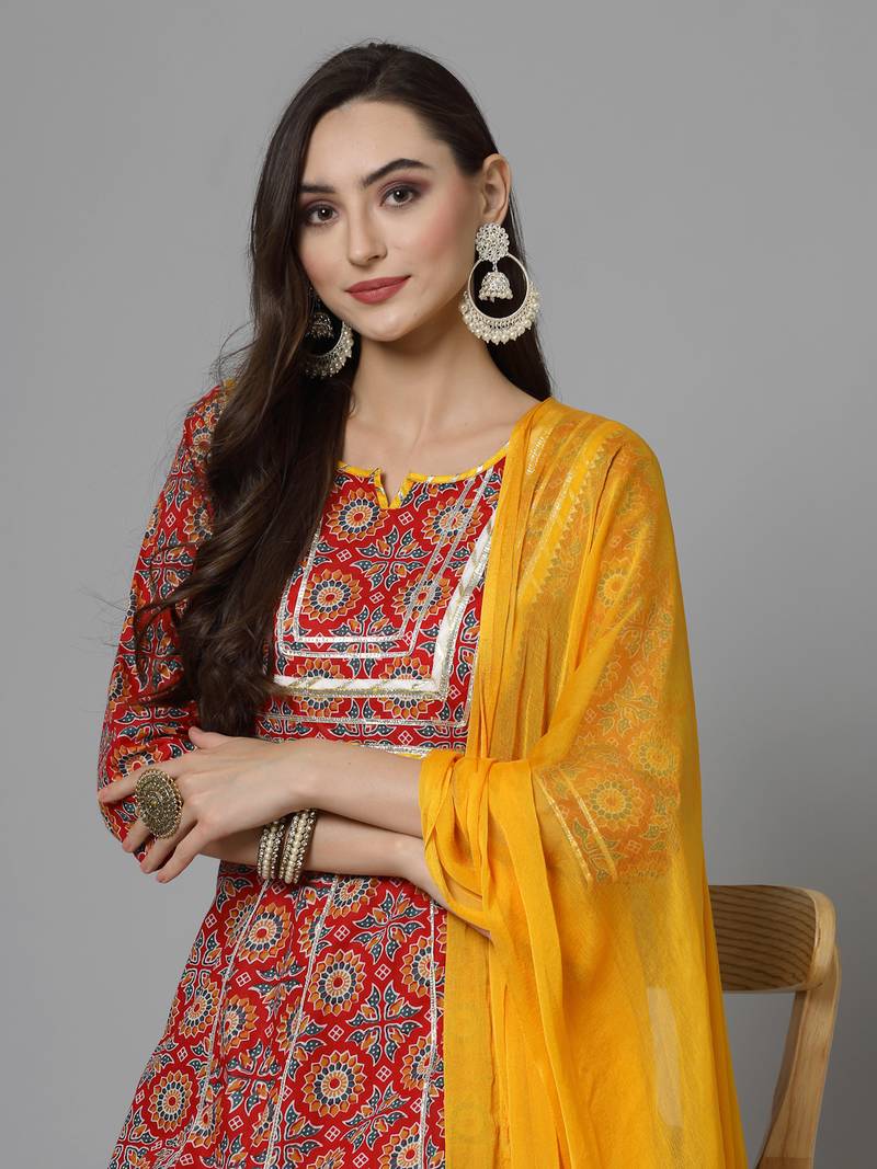 Women's Printed & Embellished Cotton Anarkali Kurta Pant Dupatta Set