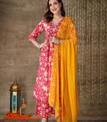 Stylum Women's Floral Printed Cotton Pleated Kurta Palazzo Dupatta Set