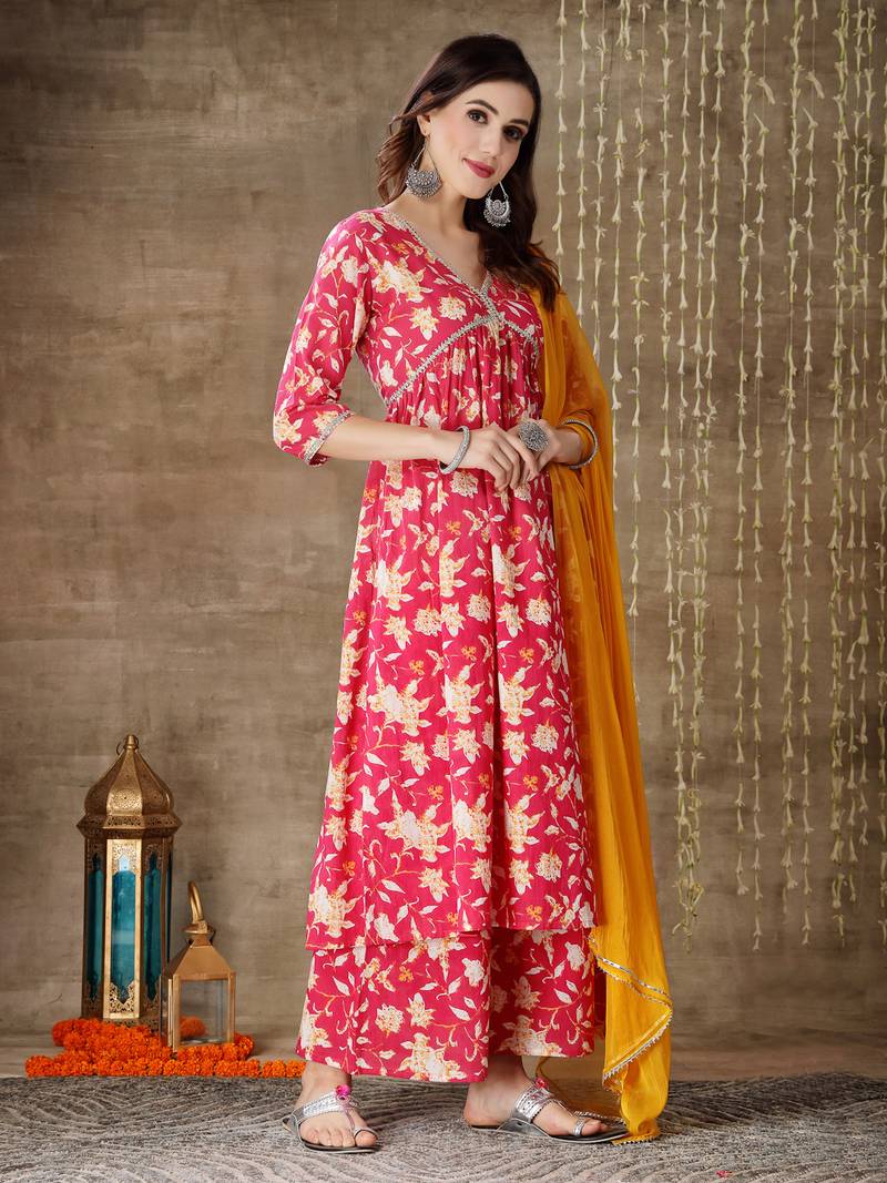 Stylum Women's Floral Printed Cotton Pleated Kurta Palazzo Dupatta Set