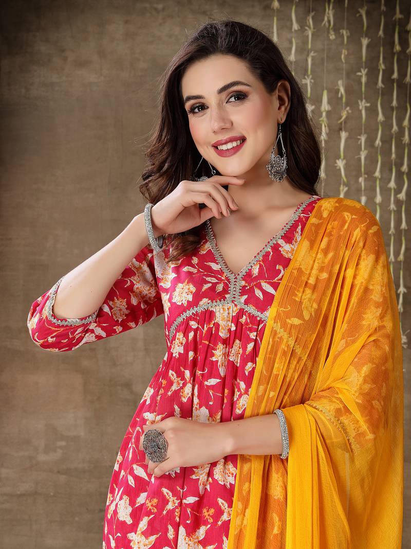 Stylum Women's Floral Printed Cotton Pleated Kurta Palazzo Dupatta Set