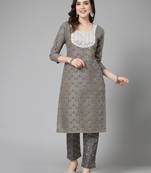 Women's Printed & Embroidered Cotton Blend Straight Kurta Pant Set