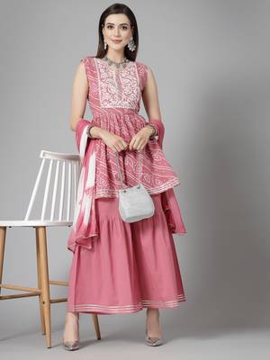 Women's Bandhej Printed & Embroidered Cotton Kurta Sharara Dupatta Set 1