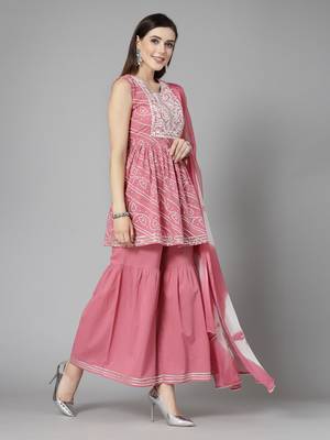 Women's Bandhej Printed & Embroidered Cotton Kurta Sharara Dupatta Set 3